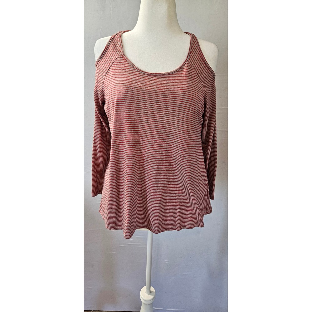Stripe Cold Shoulder Long Sleeve Scoop Neck Top Red Gray Q107907
